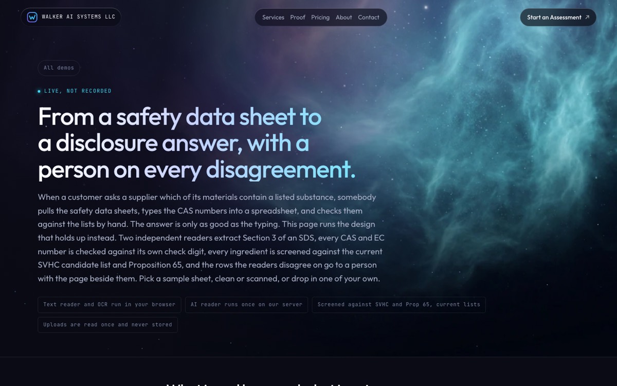 The disclosure demo page: a sample safety data sheet and the screened ingredient table