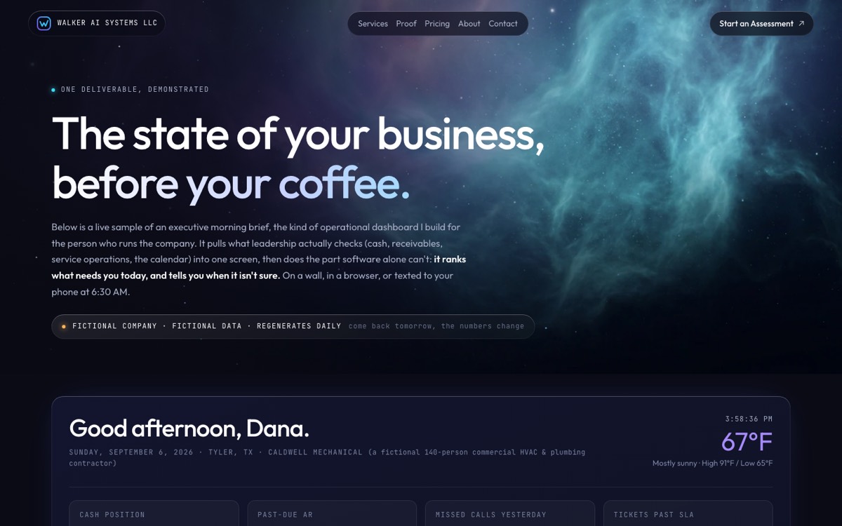The executive morning brief demo: one screen of ranked items for the person who runs the company